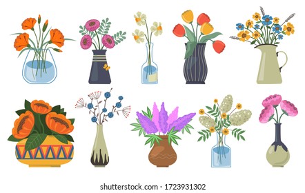 Bouquet of flowers set. Tulips buds, narcissus, lilac bunch with vases, jugs and glass bottles with water. Spring flowers, plants for decoration, blooming herbs isolated on white background