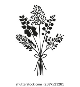 Bouquet of flowers, silhouette in black color. Bunche of delicate wildflowers tied with ribbons. Vector illustration for design projects