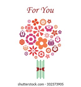 Bouquet of flowers simple vector design with For You lettering red on white background