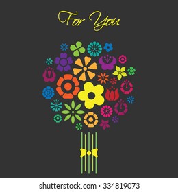 Bouquet of flowers simple vector design with For You lettering bright colors on black background