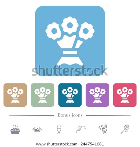 Bouquet of flowers solid white flat icons on color rounded square backgrounds. 6 bonus icons included