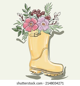 a bouquet of flowers stands in a vase in the shape of a yellow boot , interior design in a natural country style