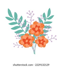 Bouquet of flowers. Summer floral with blossoms. Bunch of plants with bow on white. Romantic gift. Vector illustration