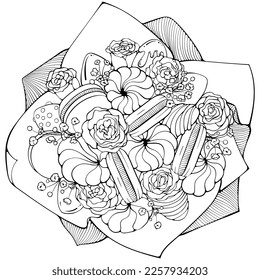 Bouquet with flowers and sweets. Marshmallows, macaroons, strawberries in chocolate, roses. Top view. Vector illustrations in hand drawn sketch style isolated on white. Design for coloring book page