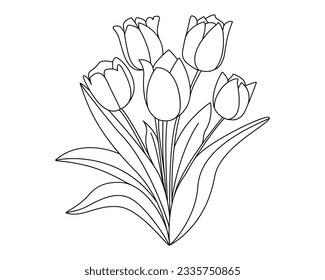  A bouquet of flowers.  Tulip. Black and white stencil.  Contour ornament as a tattoo. Vector. Hand drawing. Can be used for background, catalog, postcard