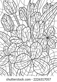 Bouquet of flowers, tulips set. Adult antistress coloring page with doodle and zentangle elements.