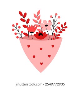 Bouquet with flowers and twigs. Love, romance, Valentine's day concept. Vector illustration isolated on white background