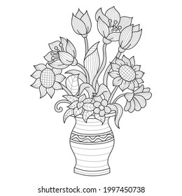 A bouquet of flowers in a vase .Coloring book antistress for children and adults. Illustration isolated on white background.Zen-tangle style. Hand draw