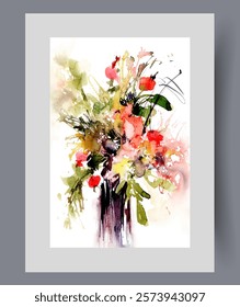 Bouquet flowers in vase decorating interior and filling house with aroma on poster. Watercolor artwork. Wall art with bouquet of fresh flowers collected in summer field, in frame with decor for print