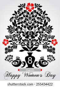 Bouquet of flowers in a vase. Greeting card with 8 March with birds.. Black and Red  color. Vector Version 