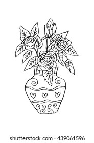 Bouquet flowers in vase. Hand drawing illustration.