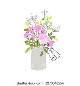 bouquet of flowers in the vase. hand drawn summer flowers, i love you greeting card. 