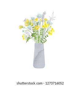 bouquet of flowers in the vase. hand drawn summer flowers. greeting card. birthday flowers. 