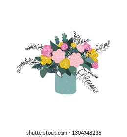 bouquet of flowers in the vase. hand drawn summer flowers,