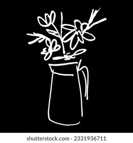 Bouquet of flowers in the vase. Hand drawn linear doodle rough sketch. White silhouette on black background.