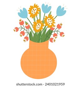 Bouquet of flowers in vase. Hand drawn vector illustration