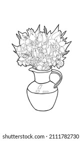 Bouquet of flowers in a vase for March 8 spring doodle sketch elements hand drawn vector illustration separately on a white background, coloring for children