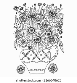 A bouquet of flowers in a vase outline illustration. Sunflowers and cornflowers. Black and white vector illustration, anti stress coloring page for adults. Hand drawn illustration.