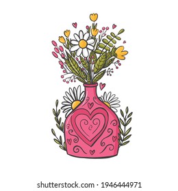 bouquet of flowers in a vase. Pink bright style. Drawn in doodle style. card with a bouquet in a vase.