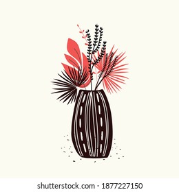 Bouquet of flowers in  vase  in the Scandinavian style, abstract, hand drawn, clipart,  concept, banner, postcard, vector illustration.