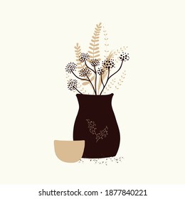 Bouquet of flowers in  vase  in  Scandinavian style, abstract, hand drawn. Linocut, clipart,  concept, banner, postcard, vector illustration.