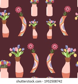 Bouquet of flowers in vase seamless pattern. Spring flowers, plants for decoration isolated on dark background. Flowers for celebration.