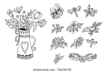 A bouquet of flowers in the vase. Set floral elements on a white background.