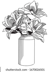Bouquet flowers in vase vector. Black lines. Isolated on white background