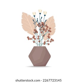 A bouquet of flowers in a vase. Vector illustration in flat style, boho. Blooming carnation flowers, decorative leaves.