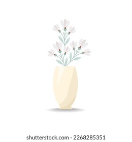 Bouquet of flowers in a vase. Vector illustration in flat style, boho. Blooming carnation flowers, decorative leaves.