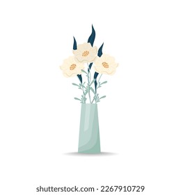 Bouquet of flowers in a vase. White poppies. Vector illustration in flat style, boho. Blooming carnation flowers, decorative leaves.