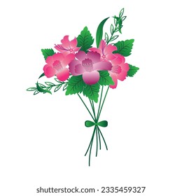 Bouquet of flowers vector, bunch of purple and pink flowers with leaves