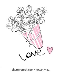bouquet of flowers vector illustration. Flowers in boxes illustration. Text Love. Hand-drawn element for Valentine's Day.