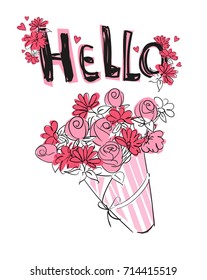 bouquet of flowers vector illustration. Flowers in boxes illustration. Hello