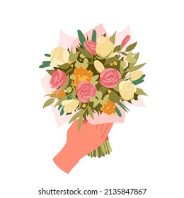 Bouquet with flowers vector illustration. Cartoon hand holding elegant floral gift from white and red roses and plants, bunch of summer garden blossoms isolated on white. Floristry, invitation concept