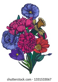 bouquet of flowers, vector illustration isolated on white background, hand drawing
