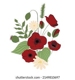 Bouquet of flowers, vector illustration, red poppies and daisies, greenery. Isolated on white background. Fashion illustration in trend