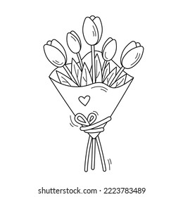 Bouquet of flowers. Vector outline illustration of tulips on white background. Hand drawn sketch doodle style.