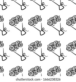 Bouquet of flowers vector seamless pattern on white background. Black and white holiday background hand-drawn. Design for textile, wrapping, print.