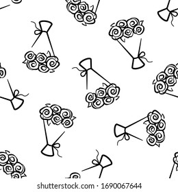 Bouquet of flowers vector seamless pattern on white background. Black and white holiday background hand-drawn. Design for wrapping, print.