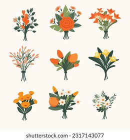 Bouquet of flowers vector set isolated on white