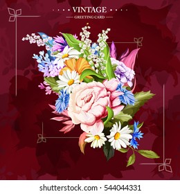 Bouquet of flowers. Vintage. Rose, peony, chamomile, cornflower, carnation, lily of the valley.  Can be used in design purpose, print, cover, clothes, etc. 