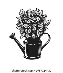 Bouquet of flowers in a watering can. Gardening symbol vector Illustration