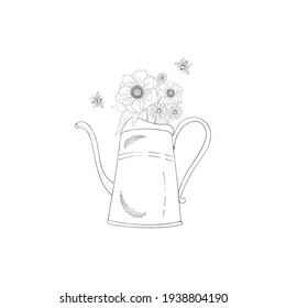 A bouquet of flowers in a watering can with honey bee isolated on a white background. Vintage ink hand drawing spring or summer icon, stamp, postcard