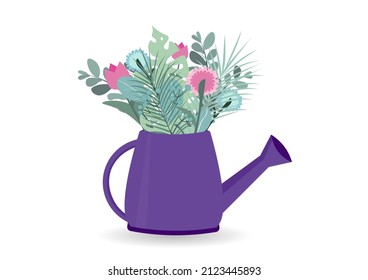 
Bouquet of flowers in a watering can. Spring flowering plants grow in a purple pot. Design in cartoon flat style. Vector illustration