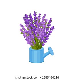 Bouquet of flowers in a watering can. Vector illustration.