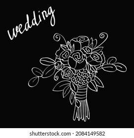 Bouquet of flowers, wedding, chalk vector illustration on dark background. Concept for cards, print, logo