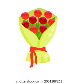Bouquet of flowers. Wedding and holiday gift. Red buds in beautiful wrapper with bow. Flat cartoon illustration