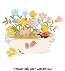 A bouquet of flowers in a white basin with strawberries. Cute spring flat hand-drawn vector illustration in cartoon style, isolated on a white background. Use for printing on a T-shirt, a postcard