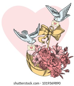 Bouquet of flowers with white flying doves and love letters. Romantic illustration isolated on white background. Vintage umbrella with flowers inside. Line art style. Romantic pink heart on background